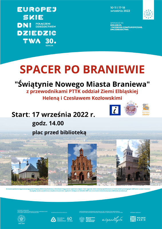 Plakat wydarzenia informujący o wydarzeniu Spacer po BRaniewie, który odbędzie się 17 września. Tematem przewodnik będą Świątynie Nowego Maista Braniewa