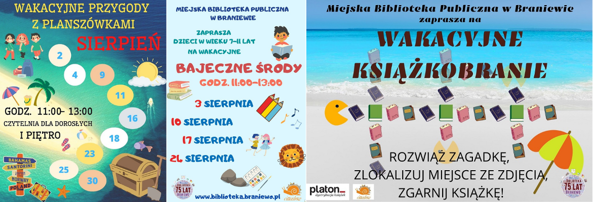kolaż plakatów do oferty biblioteki na wakacje w sierpniu