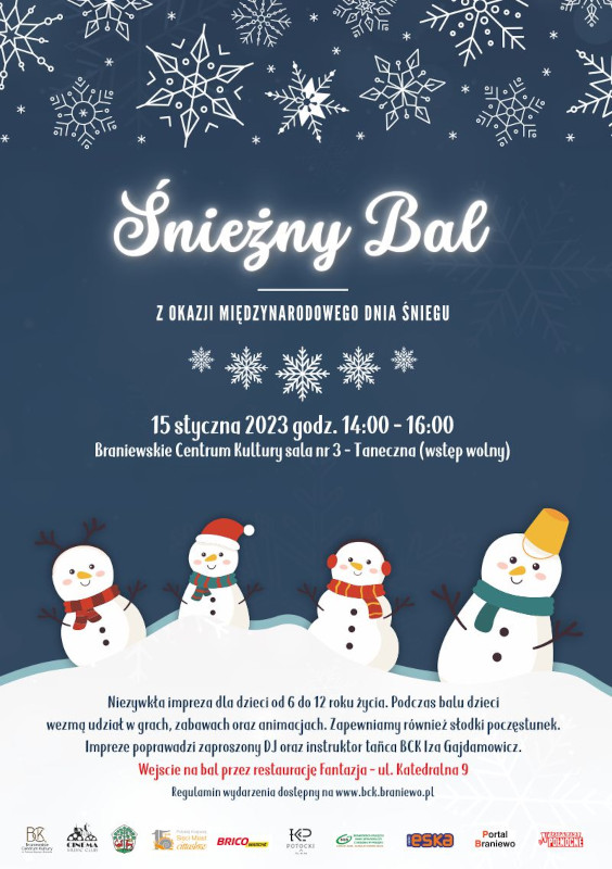 Plakat wydarzenia informujący o śnieżnym balu, który odbędzie się w Braniewskim Centrum Kultury 15 stycznia 2023 roku