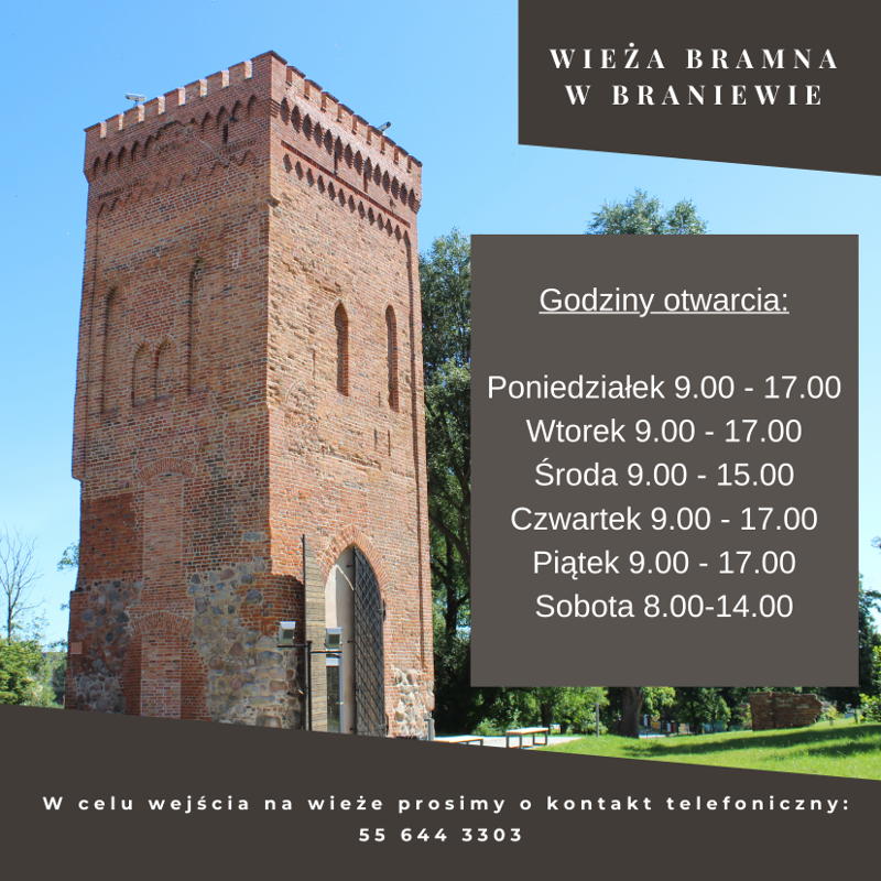 Plakat dotyczący godzin otwarcia Wieży Bramnej w od 4 maja 2021: Na nim w centrum fotografia wieży bramnej a po prawej stronie: godziny otwarcia: poniedziałek 9.00 -17.00  wtorek 9.00- 17.00  środa 9.00  - 15.00  czwartek 9.00 - 17.00  piątek 9.00 - 17.00  sobota 8.00 - 14.00. Na dole plakatu napis: W celu wejścia na wieżę prosimy o kontakt telefoniczny: 55 644 33 03