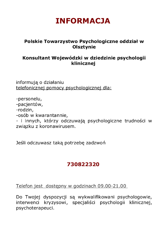 Telefoniczna pomoc psychologiczna w związku z koronawirusem