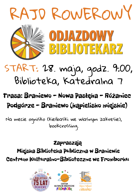 Plakat wydarzenia Odjazdowy BIbliotekarz Rajd rowerowy, który odbędzie się 28 maja 2022 roku start o godzinie 9.00