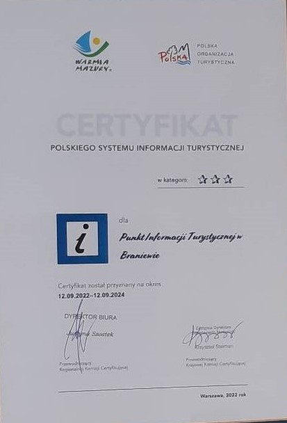 Fotografia przedstawia certyfikat, który został przyznany dla Punktu Informacji Turystycznej na okres wrzesień 2022 do wrzesień  2024. Informacja Turystyczna otrzymała trzy gwiazdki