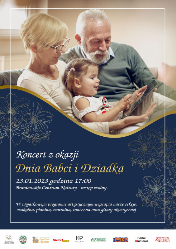 Plakat wydarzenia informujący o koncercie z okazji Dnia Babci i Dziadka